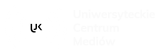 Logo Uniwersyteckie Centrum Mediów. Czarne tło, białe napisy